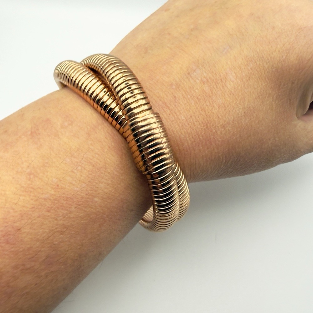 Gold Tone Gaspipe Tubogas Double Wrap Crossover Flexible Bangle Bracelet 7-7.5" - Picture 7 of 8